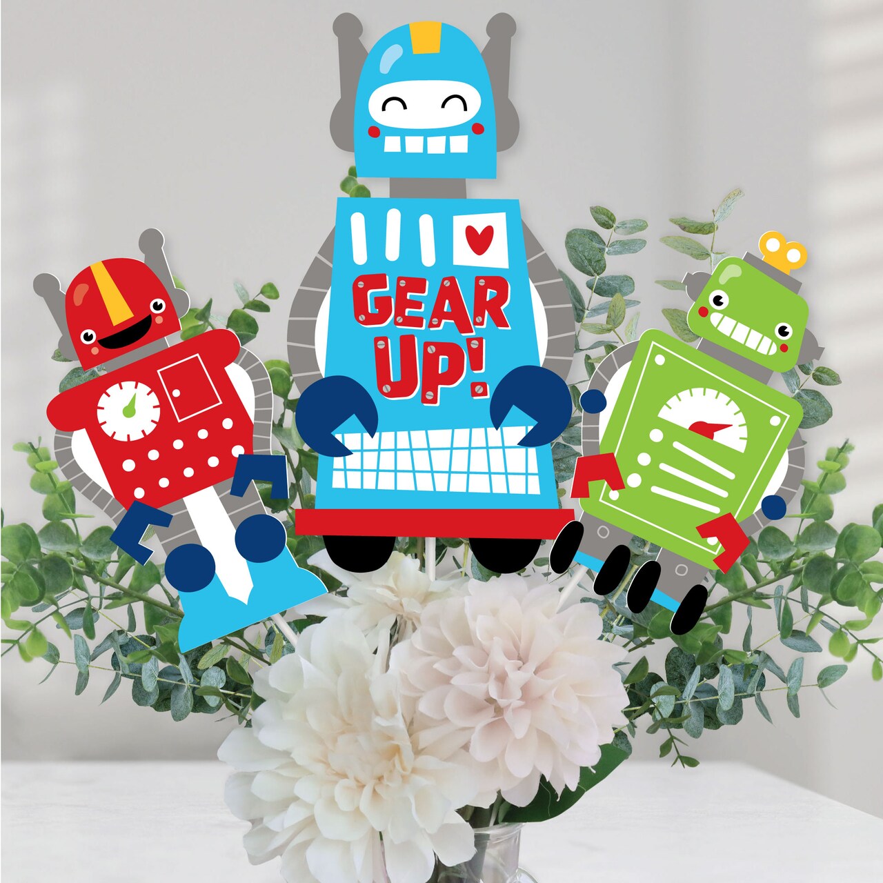 Big Dot of Happiness Gear Up Robots - Birthday Party or Baby Shower Centerpiece Sticks - Table Toppers - Set of 15